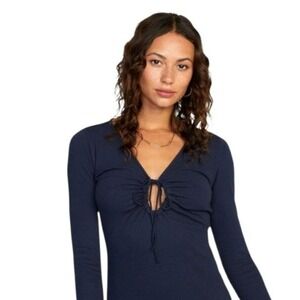 RVCA Womens Rib Knit Top Keyhole Neckline Blue Long Sleeve Tee Large‎ Y2K Tunic